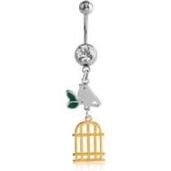 SURGICAL STEEL JEWELLED NAVEL BANANA WITH DANGLING ENAMEL AND GOLD PLATED CHARM - BIRD AND CAGE PIERCING