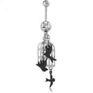SURGICAL STEEL JEWELLED NAVEL BANANA WITH DANGLING GOLD PLATED CHARM - BIRDS AND CAGE PIERCING