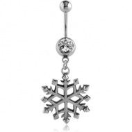 SURGICAL STEEL JEWELLED NAVEL BANANA WITH DANGLING CHARM - SNOWFLAKE PIERCING