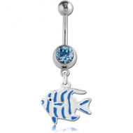 SURGICAL STEEL JEWELLED NAVEL BANANA WITH DANGLING ENAMEL CHARM - FISH PIERCING
