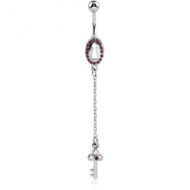 RHODIUM PLATED BRASS JEWELLED LOCK NAVEL BANANA WITH DANGLING CHARM - KEY PIERCING