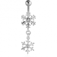 RHODIUM PLATED BRASS JEWELLED SNOWFLAKE NAVEL BANANA WITH DANGLING CHARM - SNOWFLAKE PIERCING