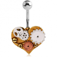 SURGICAL STEEL JEWELLED NAVEL BANANA WITH DANGLING BRASS WHITE METAL AND COPPER PARTS CHARM - STEAMPUNK PIERCING