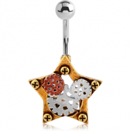 SURGICAL STEEL JEWELLED NAVEL BANANA WITH DANGLING BRASS WHITE METAL AND COPPER PARTS CHARM - STEAMPUNK PIERCING