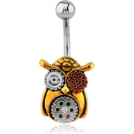 SURGICAL STEEL JEWELLED NAVEL BANANA WITH DANGLING BRASS WHITE METAL AND COPPER PARTS CHARM - STEAMPUNK PIERCING