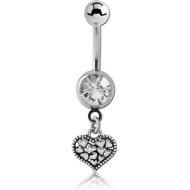 RHODIUM PLATED BRASS JEWELLED NAVEL BANANA WITH CHARM - HEARTS IN HEART PIERCING