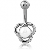 RHODIUM PLATED BRASS SYNTHETIC PEARL NAVEL BANANA PIERCING