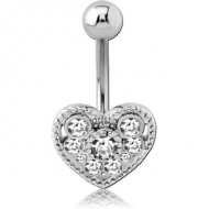 RHODIUM PLATED BRASS JEWELLED NAVEL BANANA - HEART PIERCING