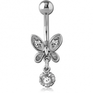 RHODIUM PLATED BRASS JEWELLED NAVEL BANANA - BUTTERFLY AND FLOWER PIERCING