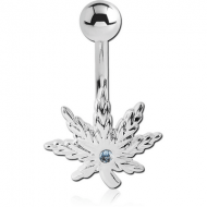 RHODIUM PLATED BRASS VALUE JEWELLED NAVEL BANANA - MARIJUANA LEAF PIERCING