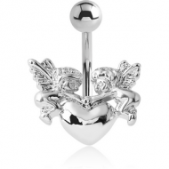 RHODIUM PLATED BRASS JEWELLED NAVEL BANANA - CHERUBS HOLD HEART PIERCING