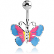 RHODIUM PLATED BRASS JEWELLED NAVEL BANANA - BUTTERFLY PIERCING