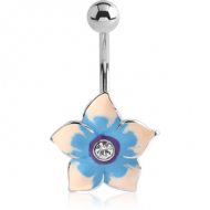 RHODIUM PLATED BRASS JEWELLED NAVEL BANANA WITH ENAMEL- FLOWER PIERCING