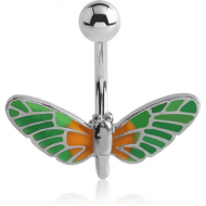 RHODIUM PLATED BRASS JEWELLED NAVEL BANANA WITH ENAMEL- BUTTERFLY PIERCING