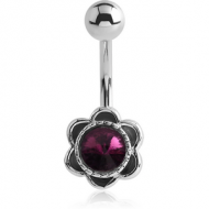 RHODIUM PLATED BRASS SWAROVSKI CRYSTALS JEWELLED NAVEL BANANA - FLOWER PIERCING