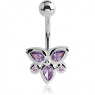 RHODIUM PLATED BRASS JEWELLED NAVEL BANANA - BUTTERFLY PIERCING