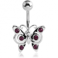 RHODIUM PLATED BRASS JEWELLED NAVEL BANANA - BUTTERFLY PIERCING