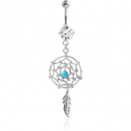 RHODIUM PLATED BRASS JEWELLED NAVEL BANANA WITH DANGLING CHARM - DREAMCATCHER FEATHER PIERCING