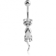 RHODIUM PLATED BRASS JEWELLED NAVEL BANANA - CAT PIERCING