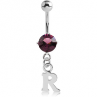 RHODIUM PLATED BRASS JEWELLED NAVEL BANANA WITH DANGLING CHARM - R PIERCING