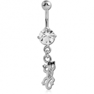 RHODIUM PLATED BRASS JEWELLED NAVEL BANANA WITH DANGLING CHARM - SALAMANDER
