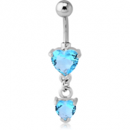 RHODIUM PLATED BRASS JEWELLED HEART NAVEL BANANA WITH DANGLING CHARM - HEART PIERCING