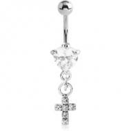 RHODIUM PLATED BRASS JEWELLED HEART NAVEL BANANA WITH DANGLING CHARM - CROSS PIERCING