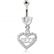 RHODIUM PLATED BRASS JEWELLED HEART NAVEL BANANA WITH DANGLING CHARM PIERCING