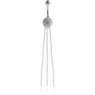 RHODIUM PLATED BRASS JEWELLED ROUND NAVEL BANANA WITH DANGLING CHAINS PIERCING