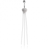 RHODIUM PLATED BRASS JEWELLED HEART NAVEL BANANA WITH DANGLING CHAINS PIERCING