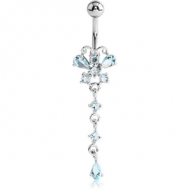 RHODIUM PLATED BRASS JEWELLED BUTTERFLY NAVEL BANANA WITH DANGLING CHARM - PEAR PIERCING