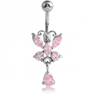 RHODIUM PLATED BRASS JEWELLED BUTTERFLY NAVEL BANANA WITH DANGLING CHARM - PEAR PIERCING