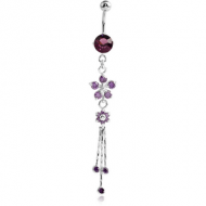 RHODIUM PLATED BRASS JEWELLED NAVEL BANANA WITH DANGLING CHARM - FLOWERS PIERCING