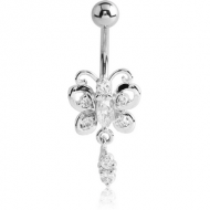 RHODIUM PLATED BRASS JEWELLED BUTTERFLY NAVEL BANANA WITH DANGLING CHARM - DOUBLE JEWEL PIERCING