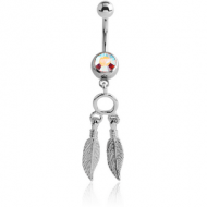 SURGICAL STEEL JEWELLED NAVEL BANANA WITH DANGLING CHARM - FEATHER PIERCING