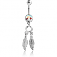 SURGICAL STEEL JEWELLED VALUE NAVEL BANANA WITH DANGLING CHARM - FEATHER PIERCING