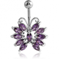 RHODIUM PLATED BRASS JEWELLED NAVEL BANANA - BUTTERFLY PIERCING
