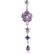 RHODIUM PLATED BRASS JEWELLED FLOWER NAVEL BANANA WITH DANGLING CHARM - STAR AND DROP