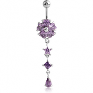 RHODIUM PLATED BRASS JEWELLED FLOWER NAVEL BANANA WITH DANGLING CHARM - STAR AND DROP PIERCING