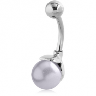 RHODIUM PLATED BRASS JEWELLED NAVEL BANANA WITH SYNTHETIC PEARL PIERCING