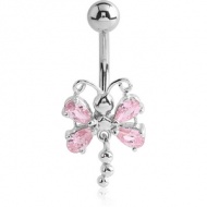 RHODIUM PLATED BRASS JEWELLED BUTTERFLY NAVEL BANANA WITH DANGLING CHARM - BALLS PIERCING
