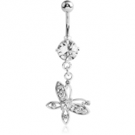 RHODIUM PLATED BRASS JEWELLED NAVEL BANANA WITH DANGLING CHARM - BUTTERFLY PIERCING