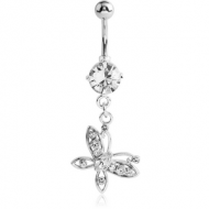 RHODIUM PLATED BRASS JEWELLED NAVEL BANANA WITH DANGLING CHARM - BUTTERFLY