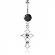 RHODIUM PLATED BRASS JEWELLED NAVEL BANANA WITH DANGLING CHARM - SKULL CROSS PIERCING