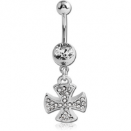 SURGICAL STEEL JEWELLED NAVEL BANANA WITH DANGLING CHARM - IRON CROSS PIERCING