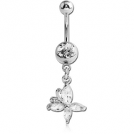 SURGICAL STEEL JEWELLED NAVEL BANANA WITH DANGLING CHARM - BUTTERFLY PIERCING