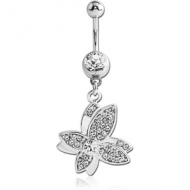 SURGICAL STEEL JEWELLED NAVEL BANANA WITH DANGLING CHARM - BUTTERFLY PIERCING