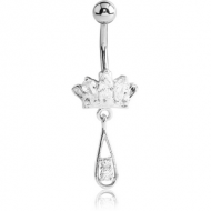 RHODIUM PLATED BRASS JEWELLED CROWN NAVEL BANANA WITH DANGLING CHARM - DROP PIERCING