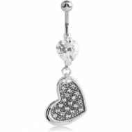 RHODIUM PLATED BRASS JEWELLED NAVEL BANANA WITH DANGLING CHARM - HEART PIERCING