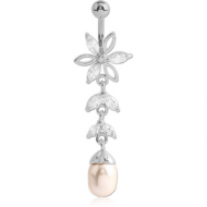 RHODIUM PLATED BRASS JEWELLED FLOWER NAVEL BANANA WITH DANGLING CHARM - SYNTHETIC PEARL PIERCING